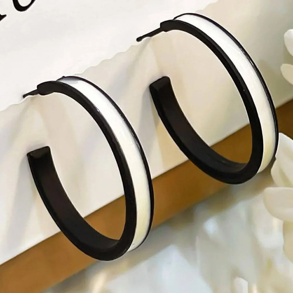Black and White Womens Jewelry Minimalist Frosted Hoop Earrings - Picture 1 of 3